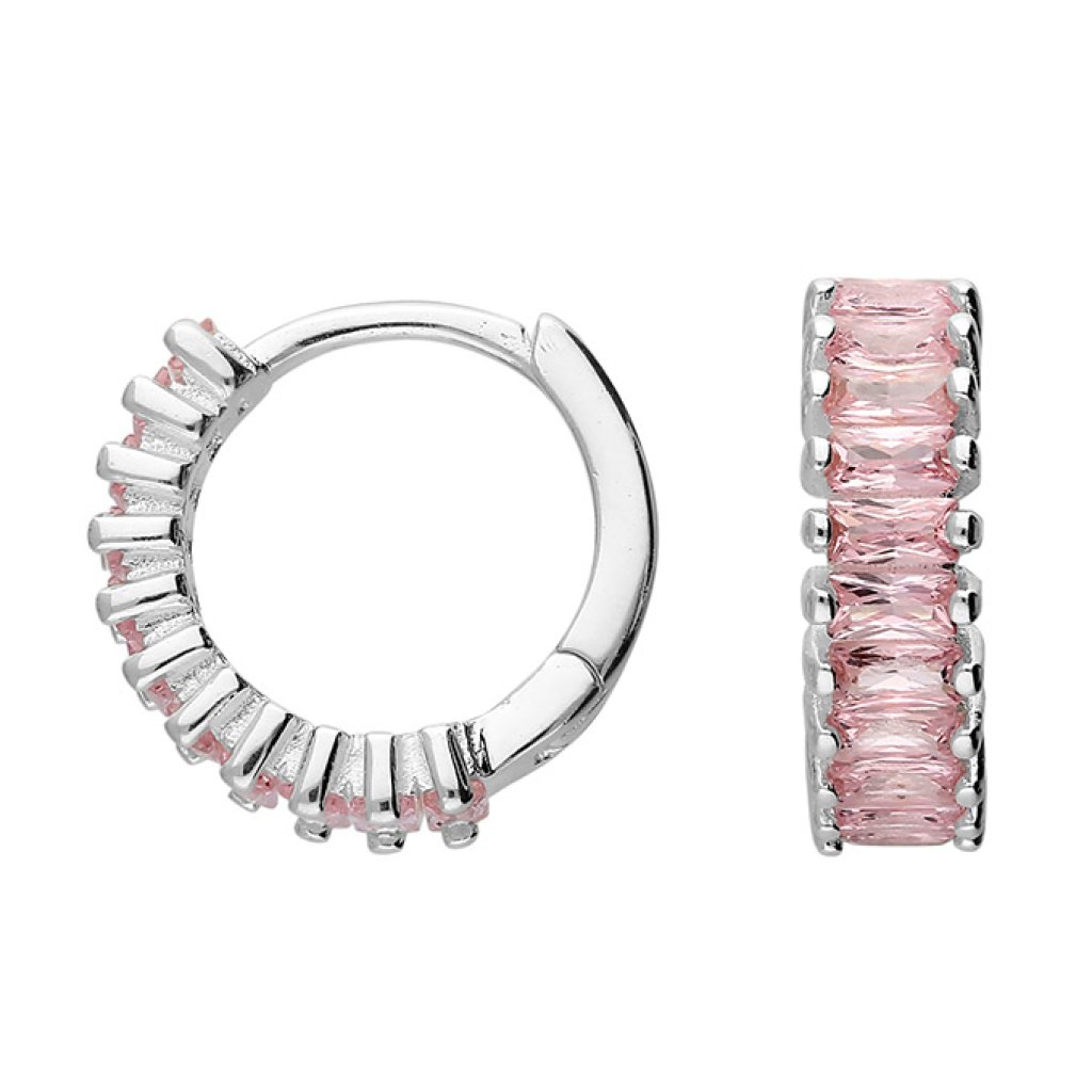 Silver Baguette Pink CZ Huggie Earrings